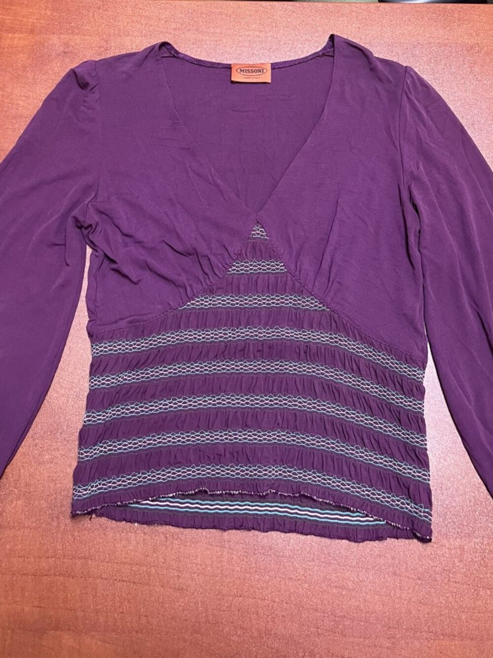 Purple XS Missoni Long Sleeved Blouse with Vee Neck Shirred Waist and Embroidery - Picture 2 of 5